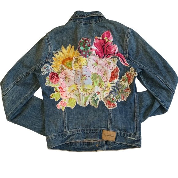 Custom Kids Denim Jacket Floral Applique L/14 Handmade Art to Wear OOAK Cottage